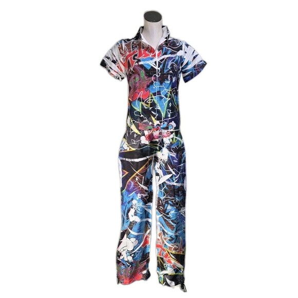 Y2K Funky Diva VTG Hip Hop Graffiti Jumpsuit Collared Short Sleeve Women's XS - Picture 2 of 16